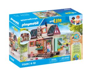 Playmobil My Life Tiny House playset featuring three figures, a cat, and customisable interior rooms for creative role play.