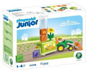 Playmobil JUNIOR tractor with a load and drop planter trailer and vegetable blocks for toddler farm role play.