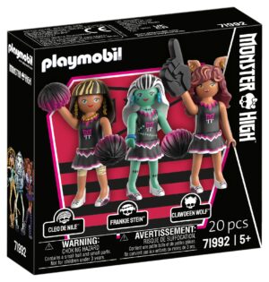 Playmobil Monster High Fear Squad playset featuring Draculaura, Frankie Stein, and Clawdeen Wolf with cheerleading accessories.