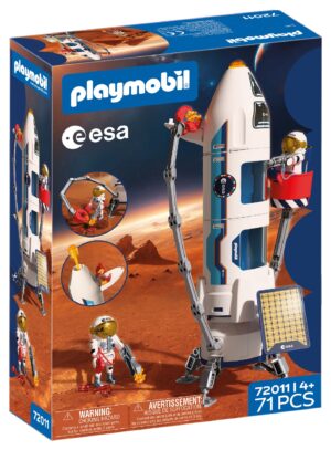 The 71-piece Playmobil space playset box showing a tall white rocket, astronauts, and a mechanical grabber.