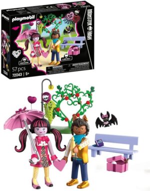 Playmobil Monster High Valentine’s Date playset featuring Draculaura and Clawd Wolf figures with a park bench and heart accessories.