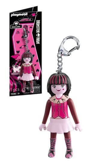 Playmobil Draculaura figure keychain with a metal snap hook, pink and black outfit, and heart birthmark.