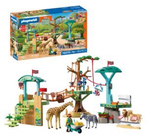 Playmobil Zoo Wilderness Climbing Park playset featuring a wooden-style climbing structure with figures and various animals in a nature setting.