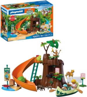 Playmobil Animals and Friends 72071 set showing a large tree structure, slide, canoe, and animal figures.