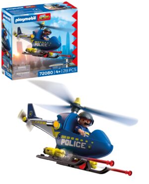 Playmobil City Action Police Helicopter with a pilot figure, spinning blades, and rescue accessories for children.
