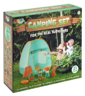 Kids camping set toy featuring a pop-up tent, battery-powered lantern, pretend gas stove, and essential survival tools for children.