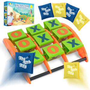 Giant Tic Tac Toe game with black rope grid and large orange and yellow noughts and crosses pieces on a lawn.