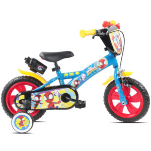 Spidey 12 inch kids bicycle with blue frame, red wheels, and Marvel Spidey character graphics, featuring removable stabilisers and yellow handlebar grips