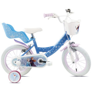 Disney Frozen 14-inch kids bicycle with blue frame, pink and white tyres, removable stabilisers, front basket and doll carrier featuring Elsa and Anna graphics
