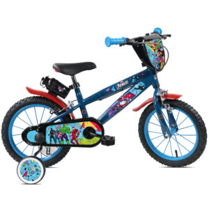Huffy Marvel Avengers 14-inch kids bike with blue frame, red mudguards, and official Avengers graphics featuring Iron Man, Thor, Hulk and Captain America. Includes removable stabilisers and coaster brake for ages 4-6.