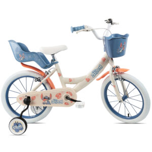 Disney Stitch 16 inch kids bicycle with blue and cream frame, removable training wheels, featuring Stitch graphics and padded seat for ages 4-6 years