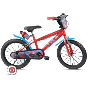 Spider-Man 16 inch kids bicycle with red steel frame, removable training wheels, Spider-Man graphics and web design, blue mudguards, suitable for ages 4-6
