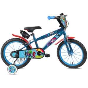 Huffy Marvel Avengers 16-inch kids bike with blue steel frame, red fenders, and licensed Avengers characters including Iron Man, Hulk, Thor and Captain America graphics