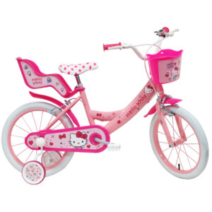 Hello Kitty 16 inch kids bicycle with pink frame, white tyres, removable stabilisers, front basket, mudguards and character decals