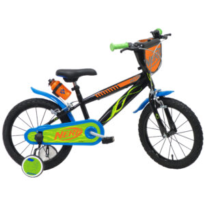Nerf 16-inch kids bicycle featuring a black and orange frame, blue mudguards, adjustable seat and handlebars, front and rear brakes, and an orange handlebar blaster shield with foam dart blaster and green foam grips
