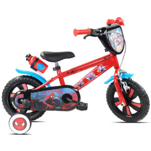 Spider-Man 12-inch kids bicycle with red frame, blue handlebars and stabilisers, featuring Marvel web graphics and Spider-Man character design for ages 3-5 years