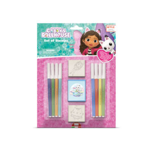 Multiprint Gabby's Dollhouse stamp set blister pack showing 2 wood rubber stamps, blue ink pad and 8 Giotto felt-tip pens, ages 3 plus