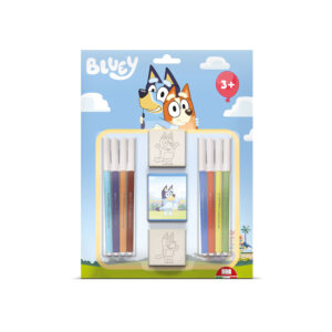 Multiprint Bluey stamp set blister pack showing 2 wooden stamps, 8 Giotto felt-tip pens and a blue ink pad, age 3 plus