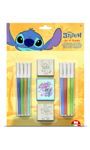 Multiprint Disney Stitch Set of Stamps blister pack showing 2 wood rubber stamps, Stitch ink pad and 8 Giotto felt-tip pens, ages 3 plus