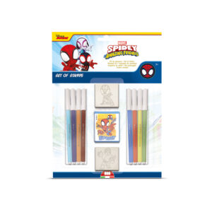 Spidey and His Amazing Friends blister pack stamp set showing 2 character stamps, Spidey ink pad and 10 Giotto Turbo Color felt-tip markers on packaging