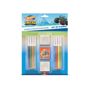Hot Wheels Monster Trucks kids stamp set packaging showing 2 rubber stamps, ink pad and 8 Giotto felt-tip pens, ages 3 plus