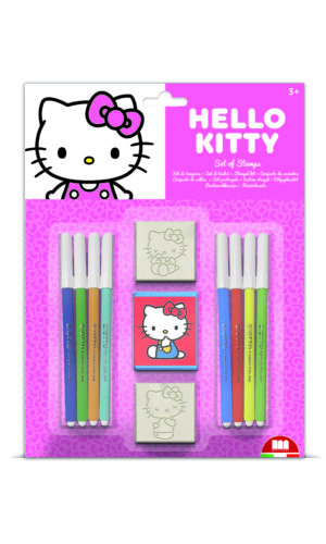 Multiprint Hello Kitty stamp set 26803MP blister pack showing 3 Hello Kitty stamps and 8 Giotto felt-tip markers in assorted colours, ages 3 plus