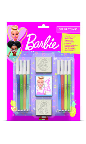 Multiprint Barbie stamp set blister pack showing 8 Giotto felt-tip pens, 2 wood rubber stamps and ink pad, ages 3 plus