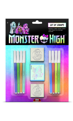 Monster High blister pack stamp set by Multiprint with 2 character stamps, ink pad and 8 Giotto felt-tip pens, ages 3 plus