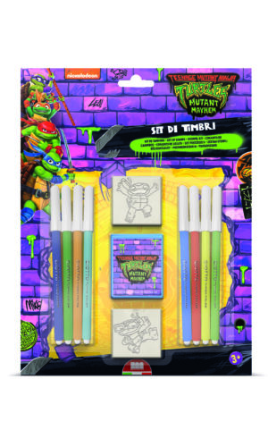 TMNT Mutant Mayhem stamp set blister pack with 2 character foam stamps and 8 Giotto Turbo Color marker pens, Nickelodeon licensed, age 3+