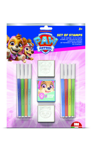 Multiprint PAW Patrol Girls Blister Pack showing 2 wood-backed rubber stamps, Skye ink pad and 8 Giotto pastel felt-tip pens, ages 3 plus