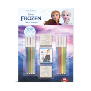Multiprint Disney Frozen 2 blister pack stamp set showing 2 wood and rubber stamps, blue ink pad and 8 Giotto felt-tip pens, age 3 plus