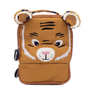 Les Deglingos Speculos tiger kids insulated lunch bag in brown sugar nylon with embroidered tiger face and 3D ears, front view