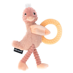 Les Deglingos Pomelos the Ostrich baby teething toy - pink plush ostrich figure holding a textured orange silicone chewing ring
