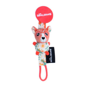 Les Déglingos Melimelos the deer pacifier clip with floral plush figure and red plastic clip on white background