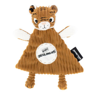 Les Déglingos Baby Comforter Speculos the Tiger flat lay showing corduroy tiger head, knotted legs and Baby Déglingos logo patch