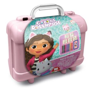 Multiprint Gabby's Dollhouse pink plastic travel stamp set case featuring Gabby and Pandy Paws, age 3 and over, 23 x 19 x 10.5 cm