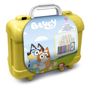 Bluey Multiprint stamp and colour travel set in yellow carry case showing Bluey and Bingo characters, ages 3 plus, 42120MP