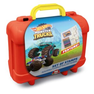 Hot Wheels Monster Trucks Stamp Set by Multiprint in red carry case with yellow handle, showing Monster Trucks artwork, ages 3+