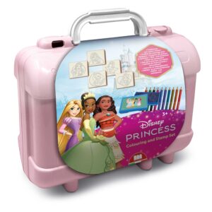 Multiprint Disney Princess Colouring and Stamp Set in pink travel case featuring Rapunzel, Tiana and Moana, ages 3 plus, SKU 42660MP