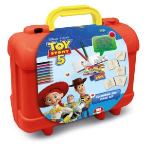Multiprint Toy Story 5 colouring and stamp travel set in red plastic carry case featuring Woody, Buzz Lightyear and Jessie artwork, ages 3 plus