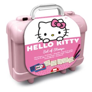 Hello Kitty Multiprint stamp set in pink plastic carry case with silver handle, showing Hello Kitty branding and age 3+ label on the front