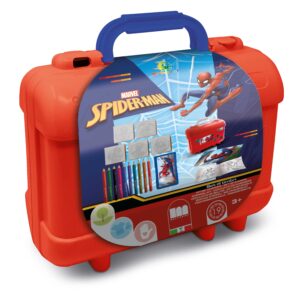 Multiprint Marvel Spider-Man Art Travel Set in red plastic carry case showing stamps, coloured pencils and activity book contents, ages 3 plus