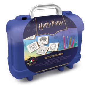 Multiprint Harry Potter stamp set in blue travel case showing 5 character stamps, 10 coloured pencils, activity book, ink pad and puzzle stickers, ages 3 +