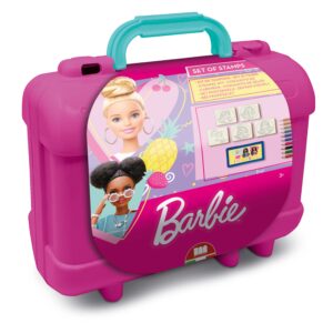 Barbie Multiprint stamp set travel case in pink with teal handle showing Barbie characters, suitable for children aged 3 and over