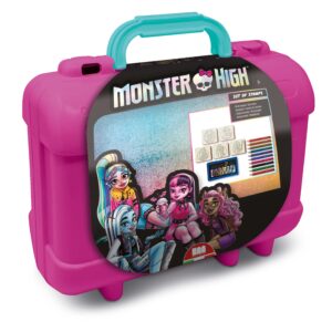Multiprint Monster High stamp set in pink carry case with teal handle showing character artwork and Set of Stamps label, ages 3 plus