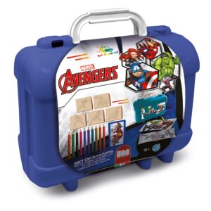Multiprint Marvel Avengers Art Travel Set blue carry case showing stamps, coloured pencils, activity book and puzzle stickers, age 3 plus