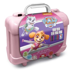 PAW Patrol Girls pink travel stamp set by Multiprint SKU 42913MP, featuring Skye and Everest on the carry case lid, age 3 plus