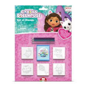 Multiprint Gabby's Dollhouse blister pack stamp set with 5 wood rubber stamps, blue ink pad and 3 coloured pencils, ages 3 plus