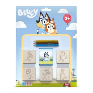 Multiprint Bluey blister pack stamp set showing 5 wooden character stamps, a blue ink pad and 3 coloured pencils, ages 3 plus