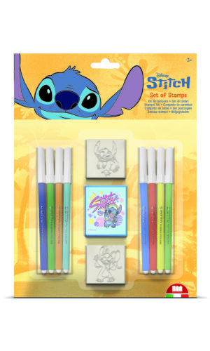 Multiprint Disney Stitch blister pack stamp set showing 5 wood rubber stamps, Stitch ink pad, Giotto markers and coloured pencils, ages 3 plus